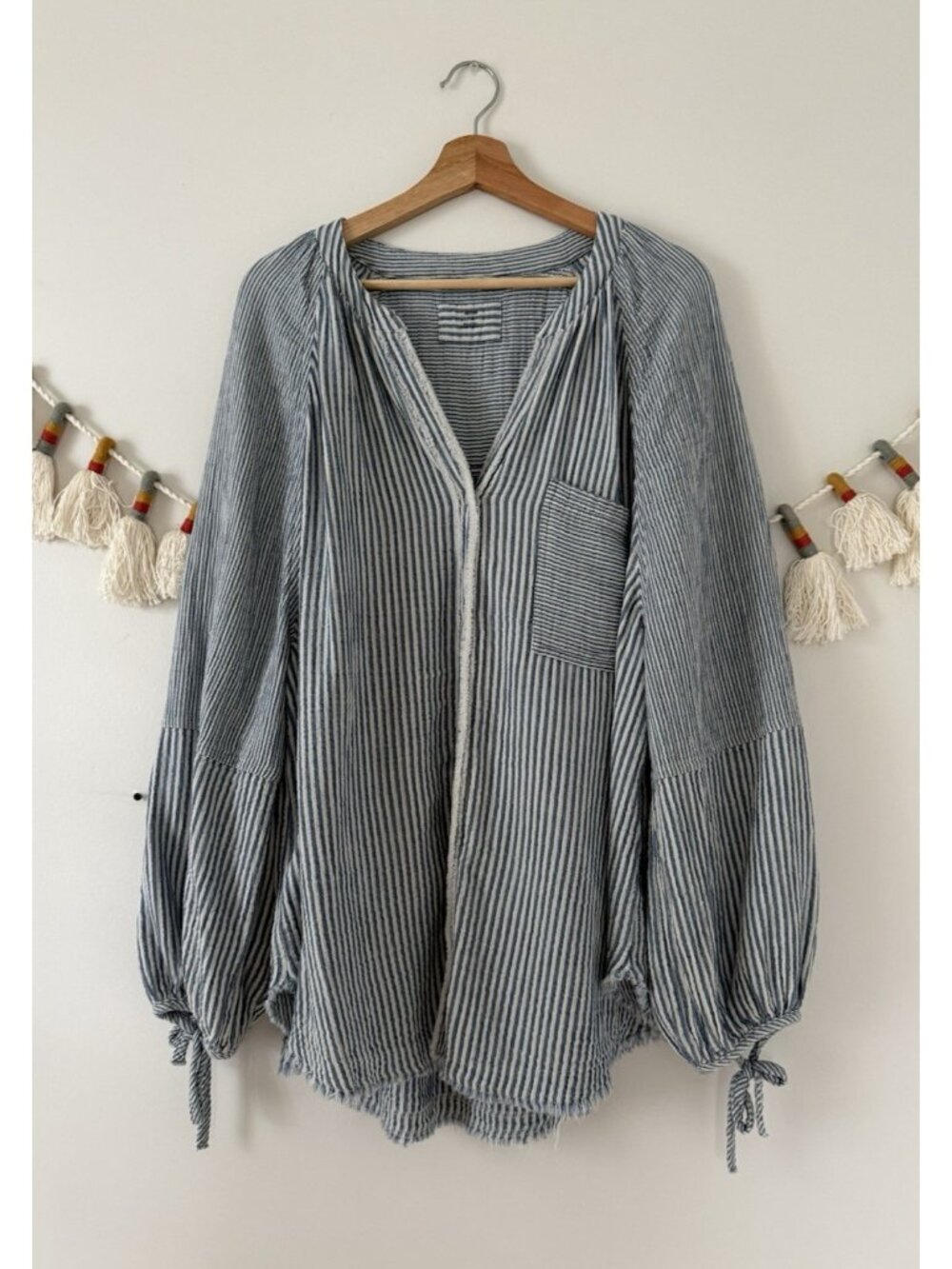 Aerie Daybreaker Coverup Shirt Button Up Striped Balloon Sleeve Gauze Cotton L